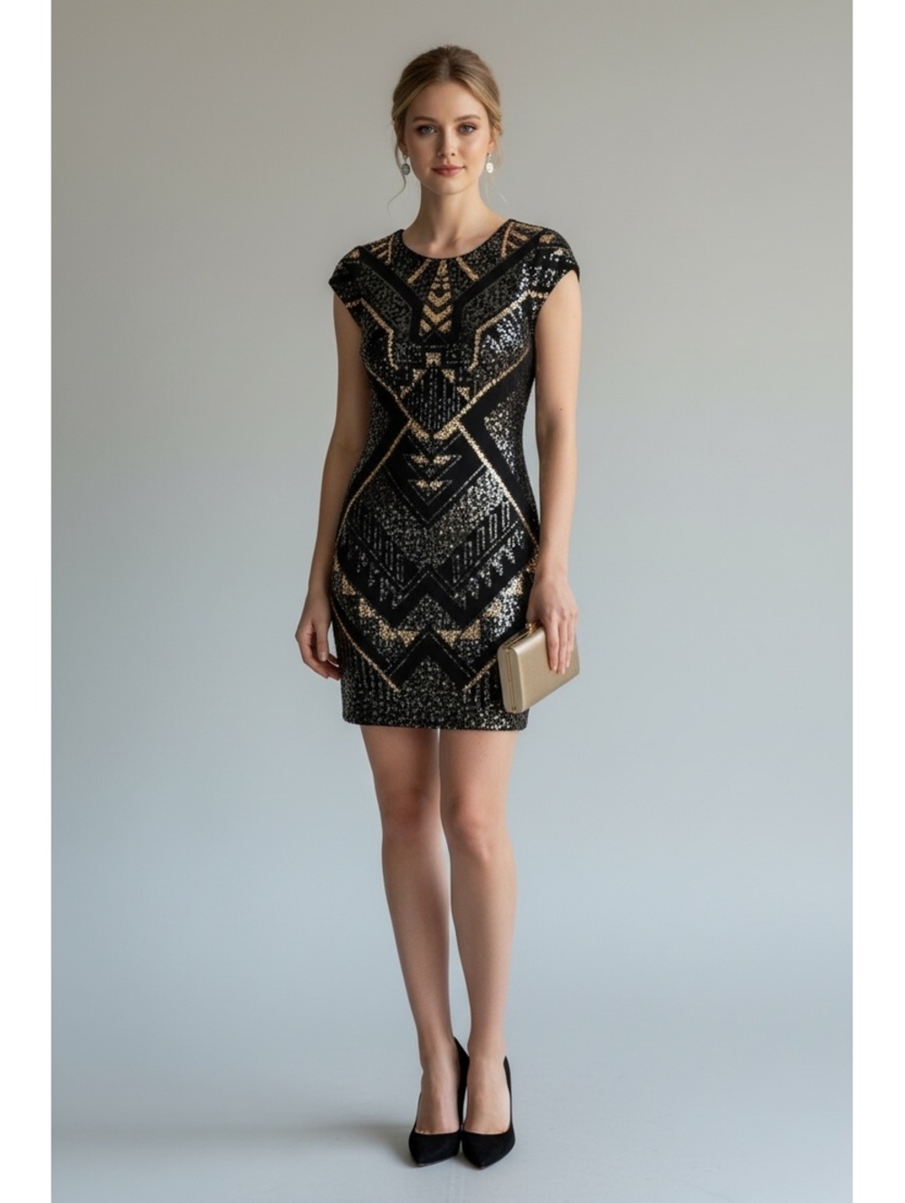Express Art Deco Geometric Black and Gold Sequin Bodycon Mini Dress  - Medium